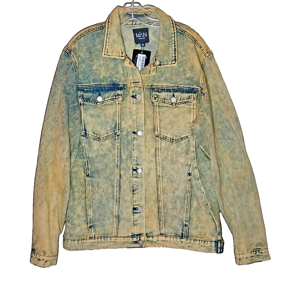 BoohooMAN Mens Overdyed Denim Jacket XL Yellow Distressed Ripped Zip Cuffs NWT